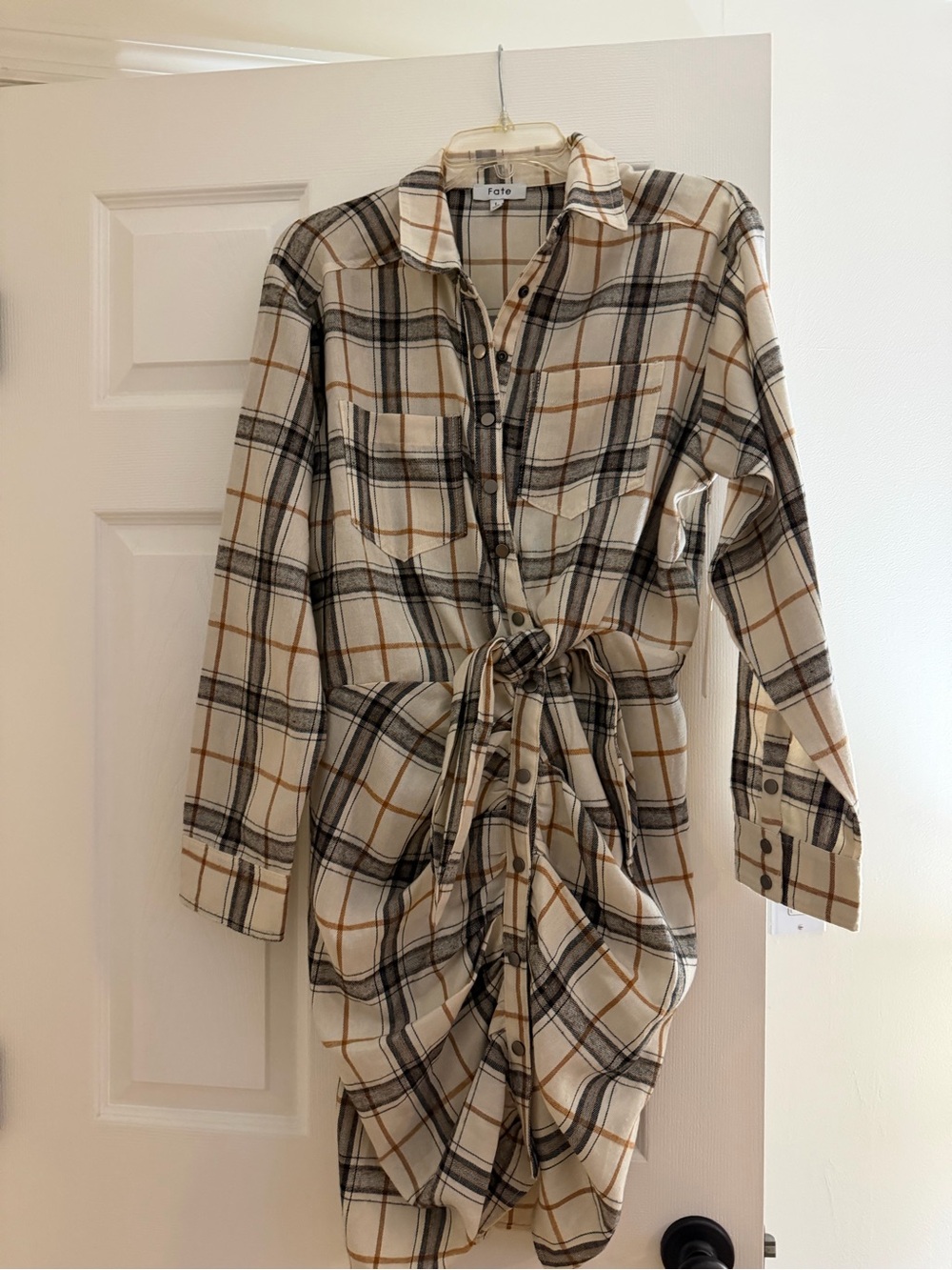 Fate Plaid Tie-Front Shirt Dress in Cream, Black, and Tan
